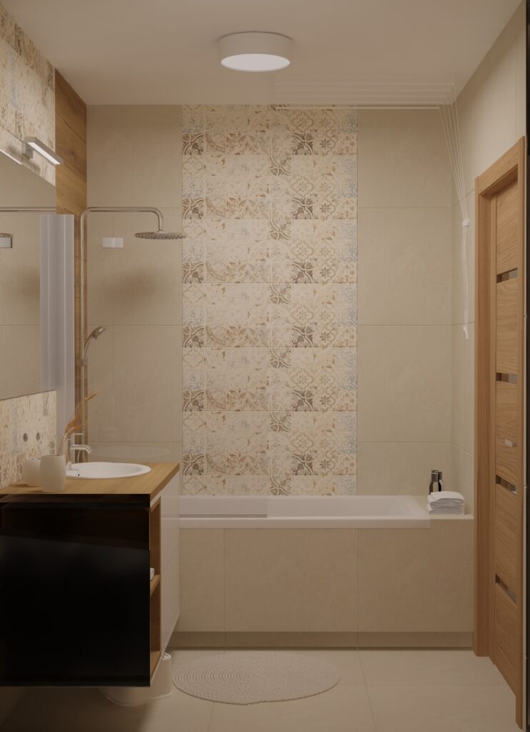 Łazienka kompleksowo wykończona. Armatura łazienkowa, projekt wnętrza